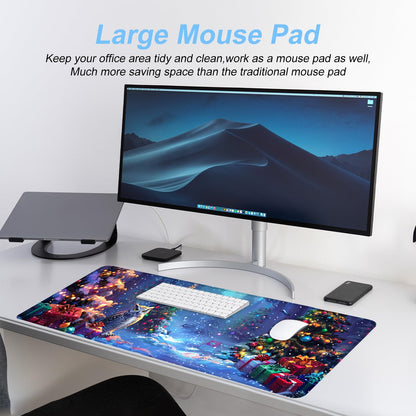 Christmas Owl Mouse Pad XXL – Large Holiday Desk Mat with Forest Gifts and Snow Lights, Extended Non-Slip Mousepad for Office, Gaming, Home Setup, 31.5 x 11.8 in