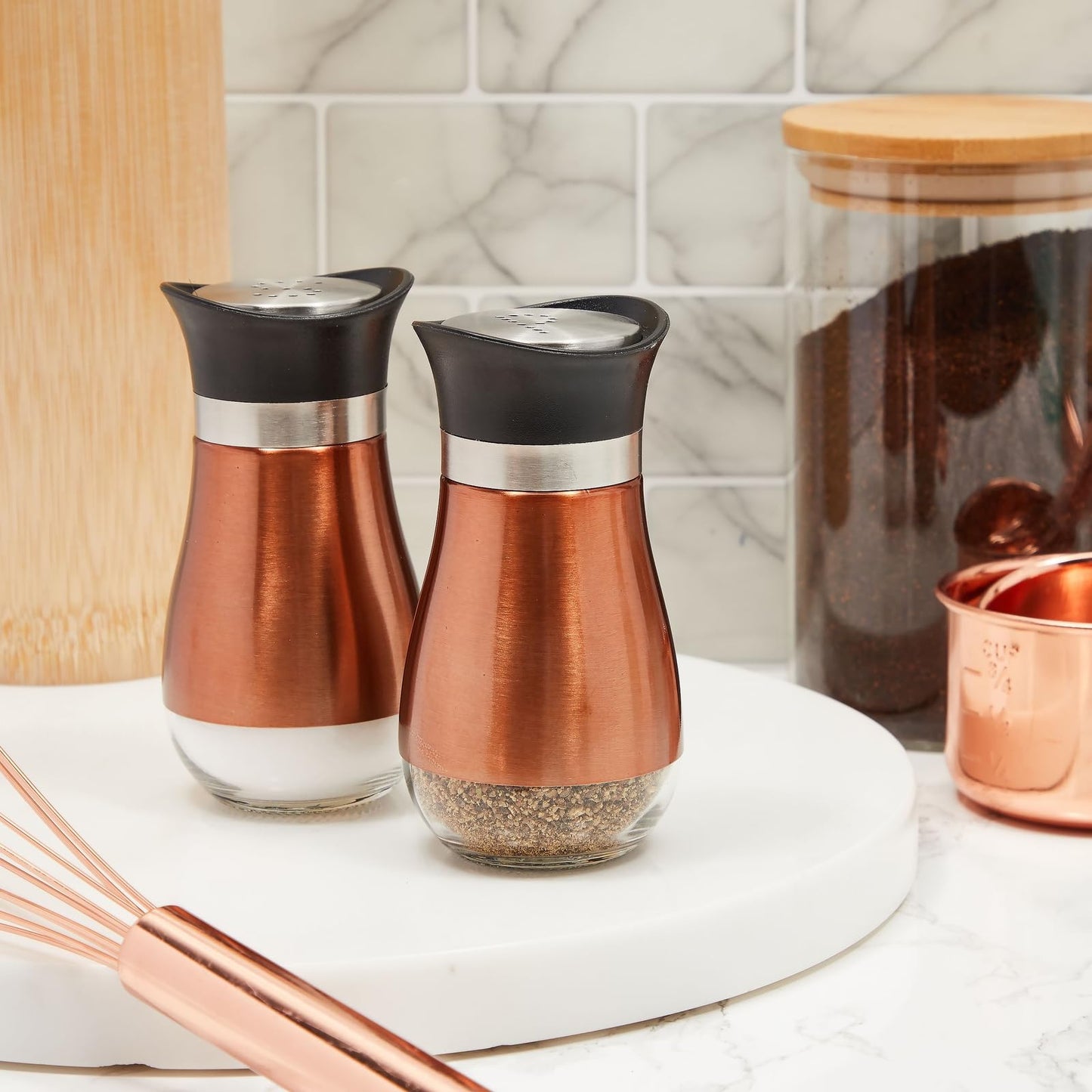Juvale Stainless Steel Copper Salt and Pepper Shakers Set with Glass Bottom, Screw-Off Caps, Perforated "S" and "P" Designs for Kitchen, 2.5 x 2.5 x 4.5 Inches (4oz)
