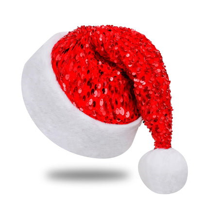 Chisander Sequin Santa Hat, Unisex Santa Hat for Adults with Shiny Sequin and Fluffy Pompom, Party Hat for New Year Xmas Festival (Red)