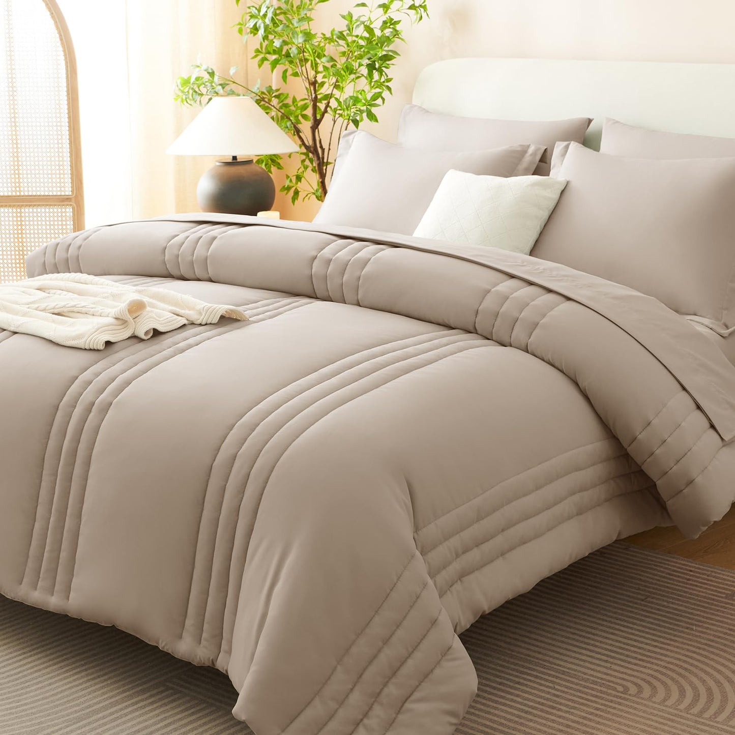 CozyLux King Size Comforter Set Wheat - 7 Pieces Bed in a Bag, Modern Vertical Quilted Room Decor, Soft All-Season Bedding Gift with Comforter, Sheets, Pillowcases & Shams