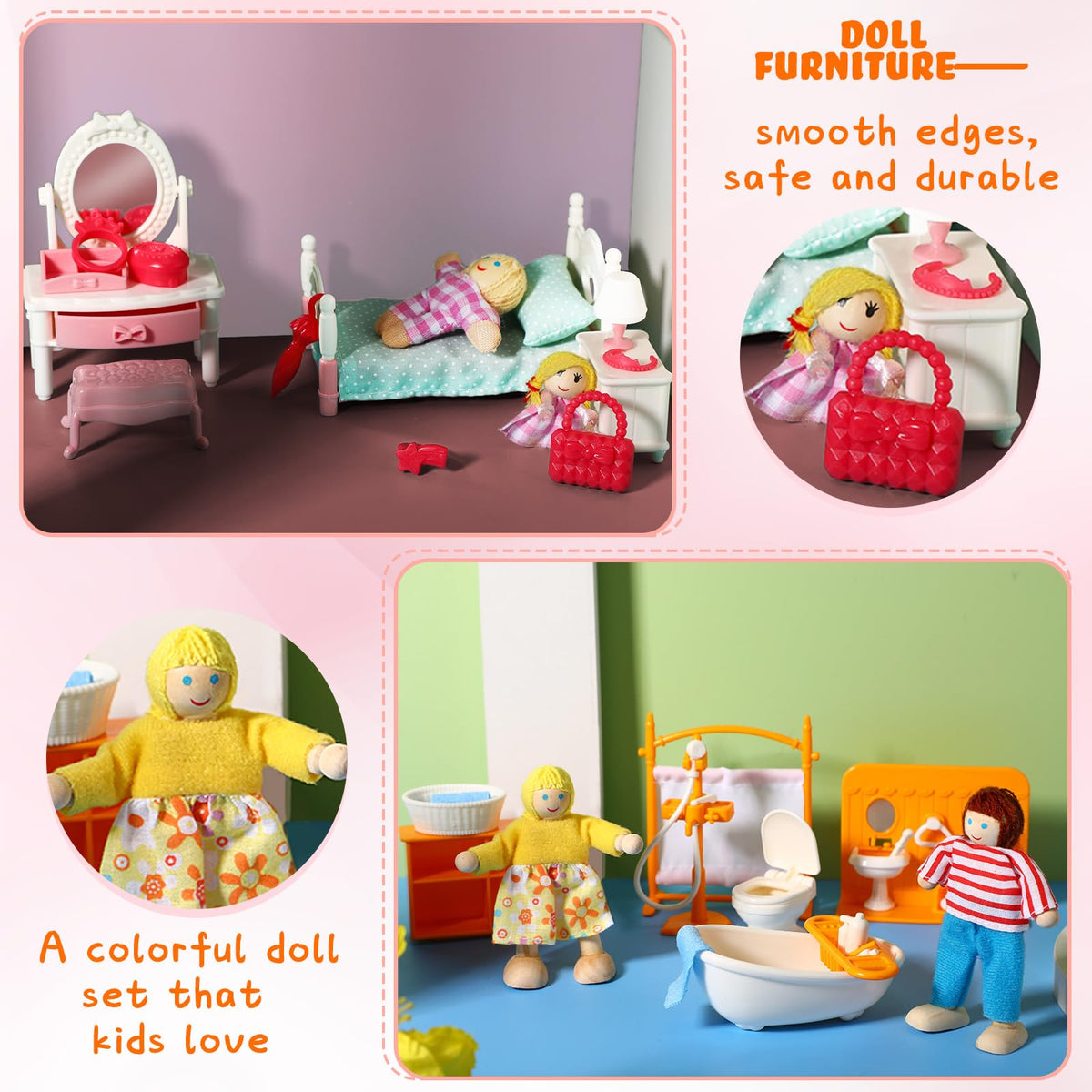 HyDren 83 Pcs Wooden Plastic Dollhouse Furniture Set with 8 Flexible Dolls for 5 Rooms Kits Kitchen Dining Living Room Bedroom Bathroom Modern Dollhouse Accessories and Furniture Toys for Girl Boy