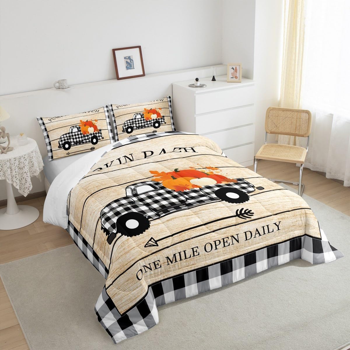 Homewish Pumpkin Grid Truck Bedding Set Queen Size,Rustic Farmhouse Comforter Set Kids Boys Girls Room Decor,Autumn Plants Themed Quilt Set Halloween Style Duvet Insert 3pcs with 2 Pillowcases