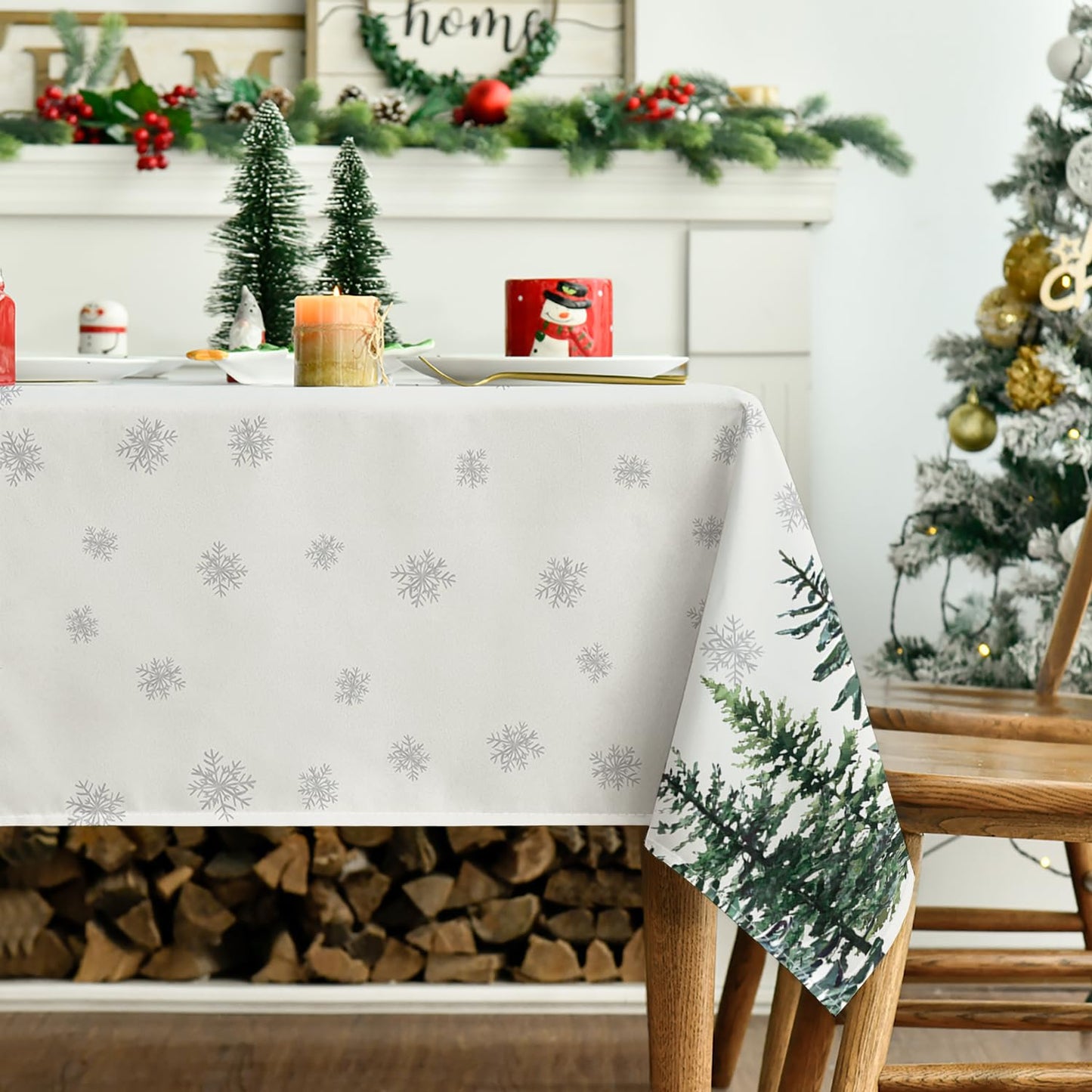 Horaldaily Christmas Tablecloth 60×84 Inch Rectangular, Winter Snow Trees White Washable Table Cover for Party Picnic Dinner Decor