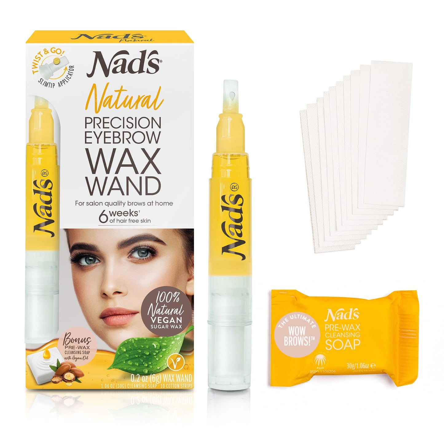 Nad's Natural Precision Eyebrow Wax Wand, Eyebrow Wax Kit, Sugar Wax, Hypoallergenic, Vegan No-heat Formula, Includes Wax Pen 6g, 10 Reusable Cotton Strips, 4 Pre-wax Soap