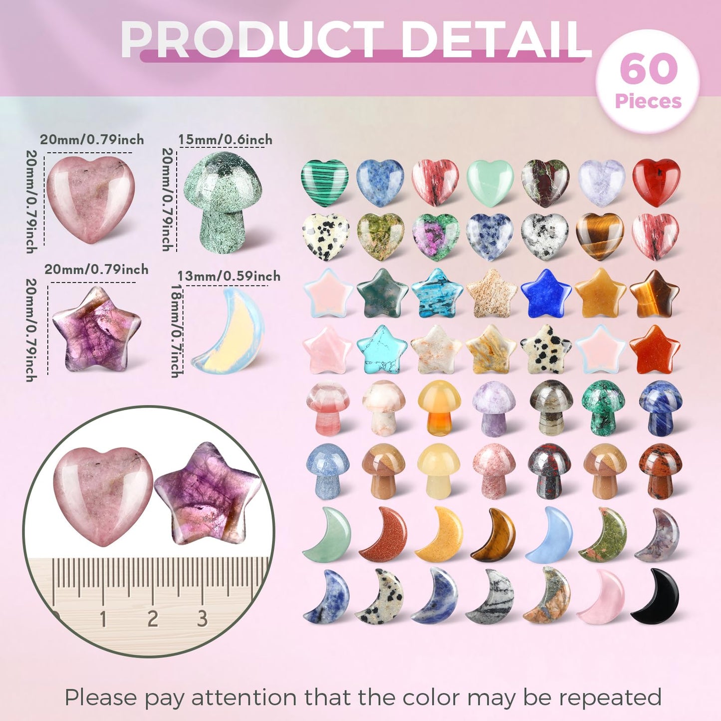Nuenen 60 Pieces 20 * 20 * 6 mm Crystal Mushroom Sculpture Heart Shaped Moon Star Crystals Stones Bulks Worry Stones Assorted Hand Making Palm Thumb Gemstones for Witchcraft Meditation Reiki(Classic)
