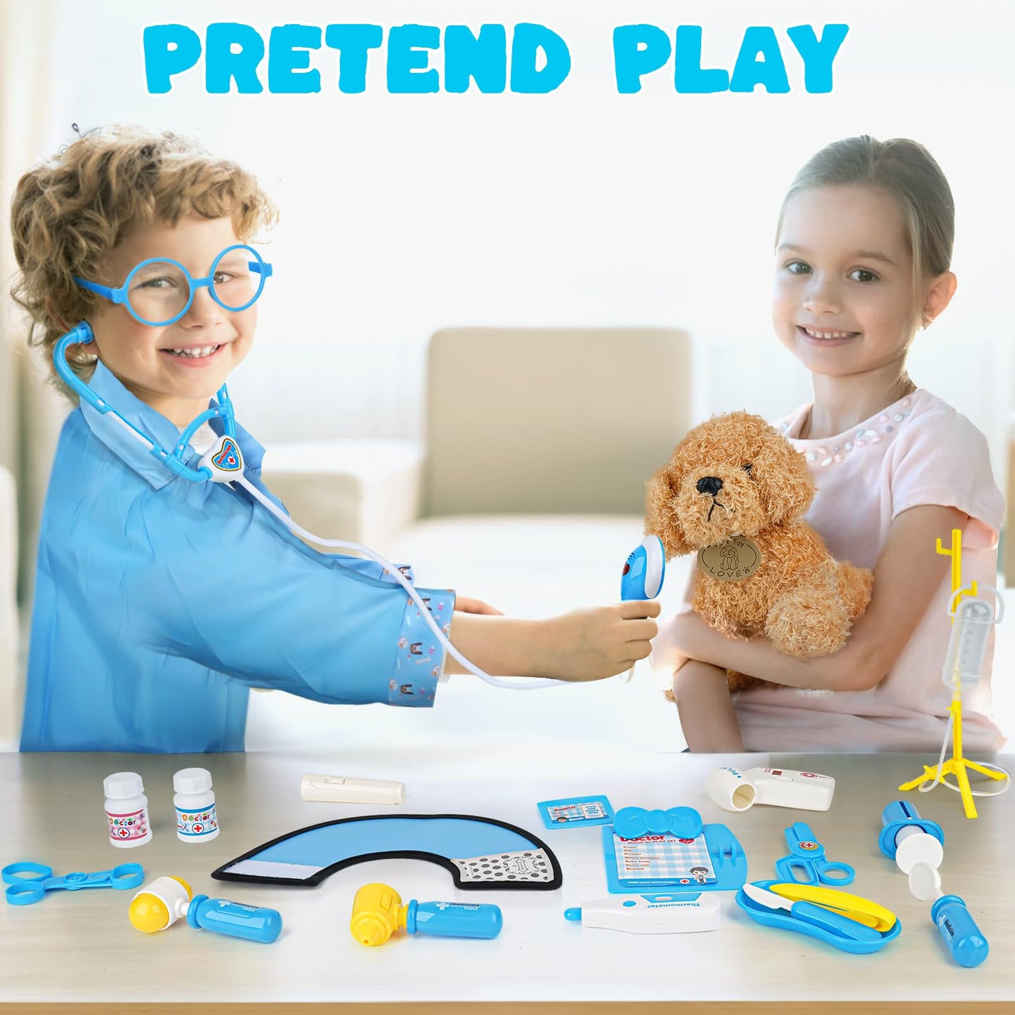 Sanlebi Doctors Set for Kids - Children Pet Vet Care Play Set with Doctor Costume, Plush Dog, Pretend Role Play Medical Kit Toys Gifts for 3 4 5 6 Year Old Girls (Blue)