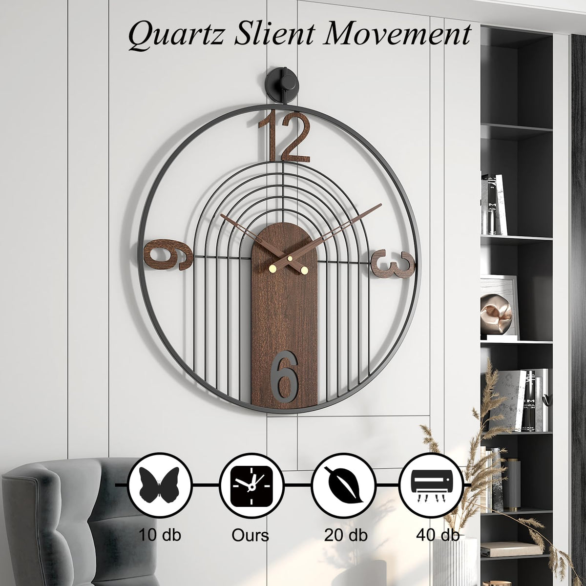 VIVIFLYSE Modern Large Walnut Dial Wall Clock, Wood Metal Frame Silent Non Ticking Wall Clocks Decoration for Living Room, Bedroom, Kitchen, Study, Handmade Home Decor Present Idea, 22 Inch
