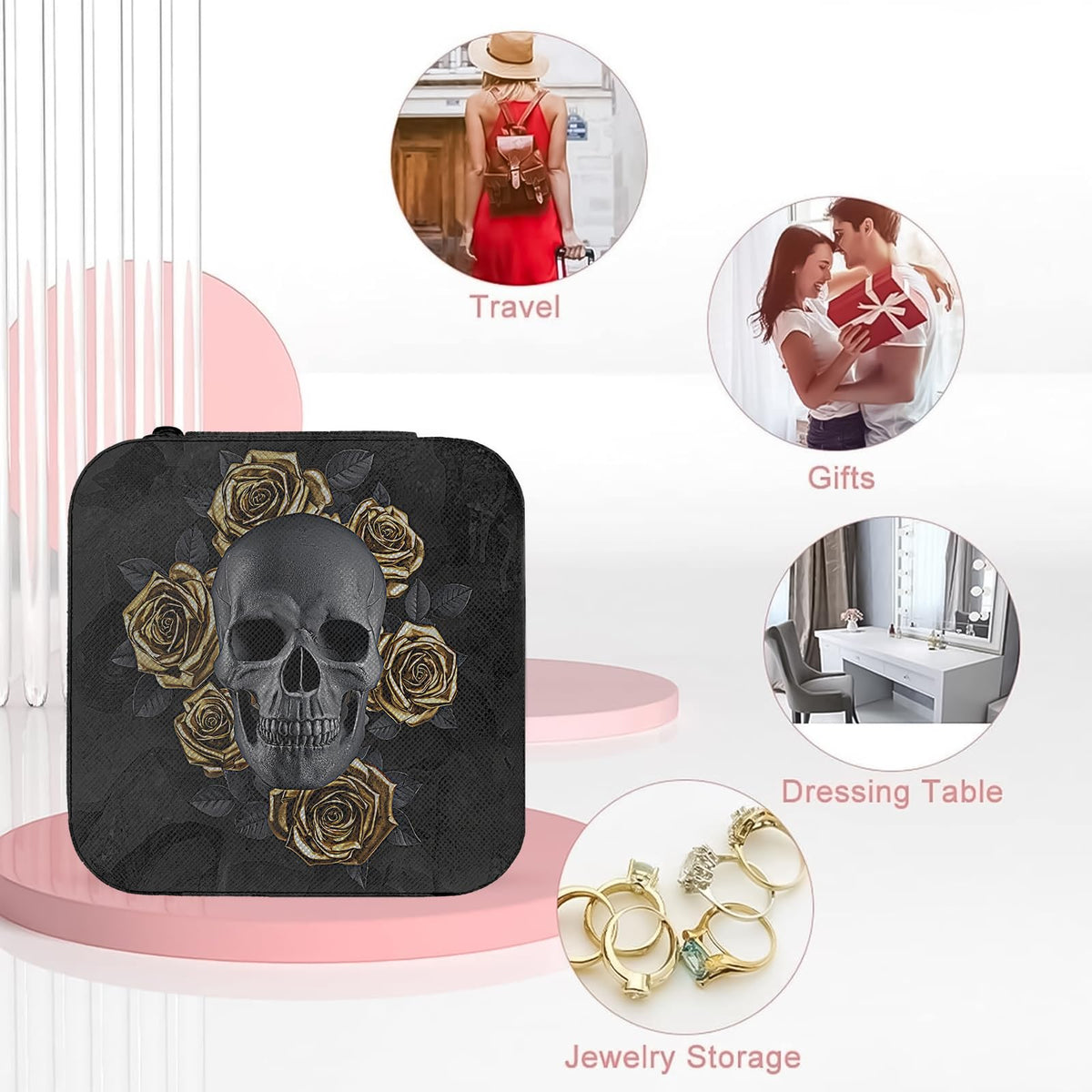 Artinhand Black Skull with Gold Roses Small Travel Jewelry Case with Mirror Portable Black PU Leather Box Earrings Necklaces Rings Bracelets Storage Organizer Gift for Women And Girls