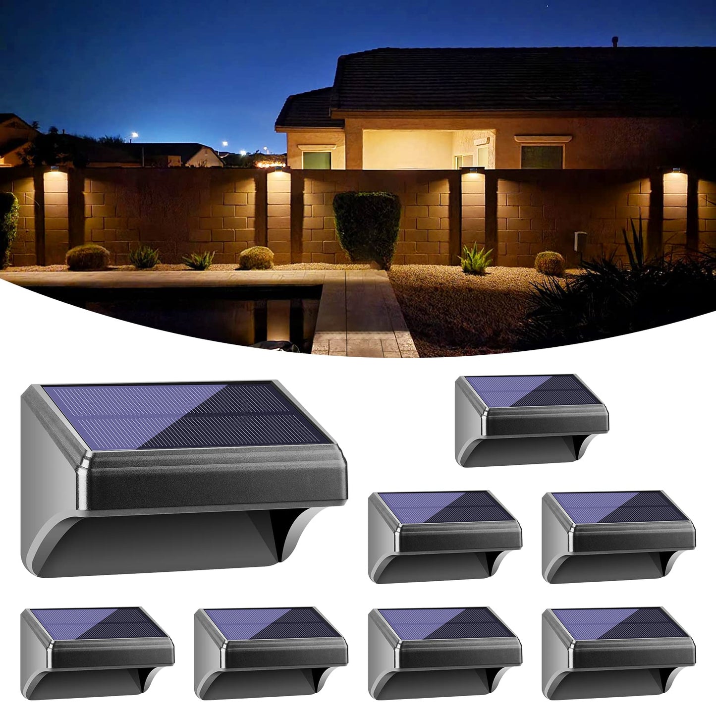 Bridika Solar Fence Lights Warm White & White, Solar Outdoor Wall Lights, Fence Solar Lights Outdoor Waterproof for Step, Backyard, Fence, Wall, Patio, Deck Railing, Stair (8 Pack)