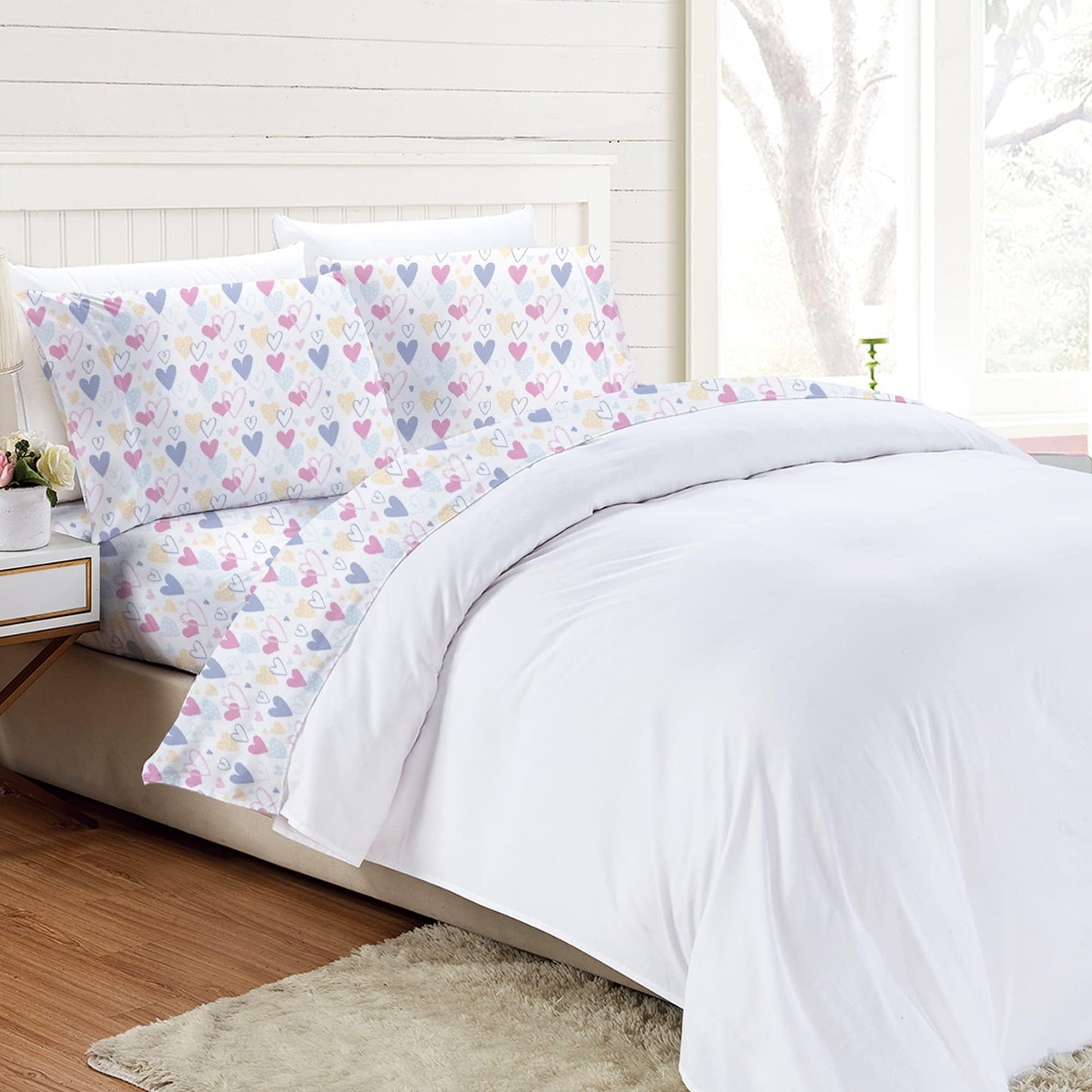 Softan Kids Bed Sheet Set, 3-Piece Twin Sheets Set, Microfiber Fitted Sheet with 15 Inches Deep Pocket and Corner Straps, Breathable & Silky Soft Love Heart Pattern Sheet and Pillowcase Sets