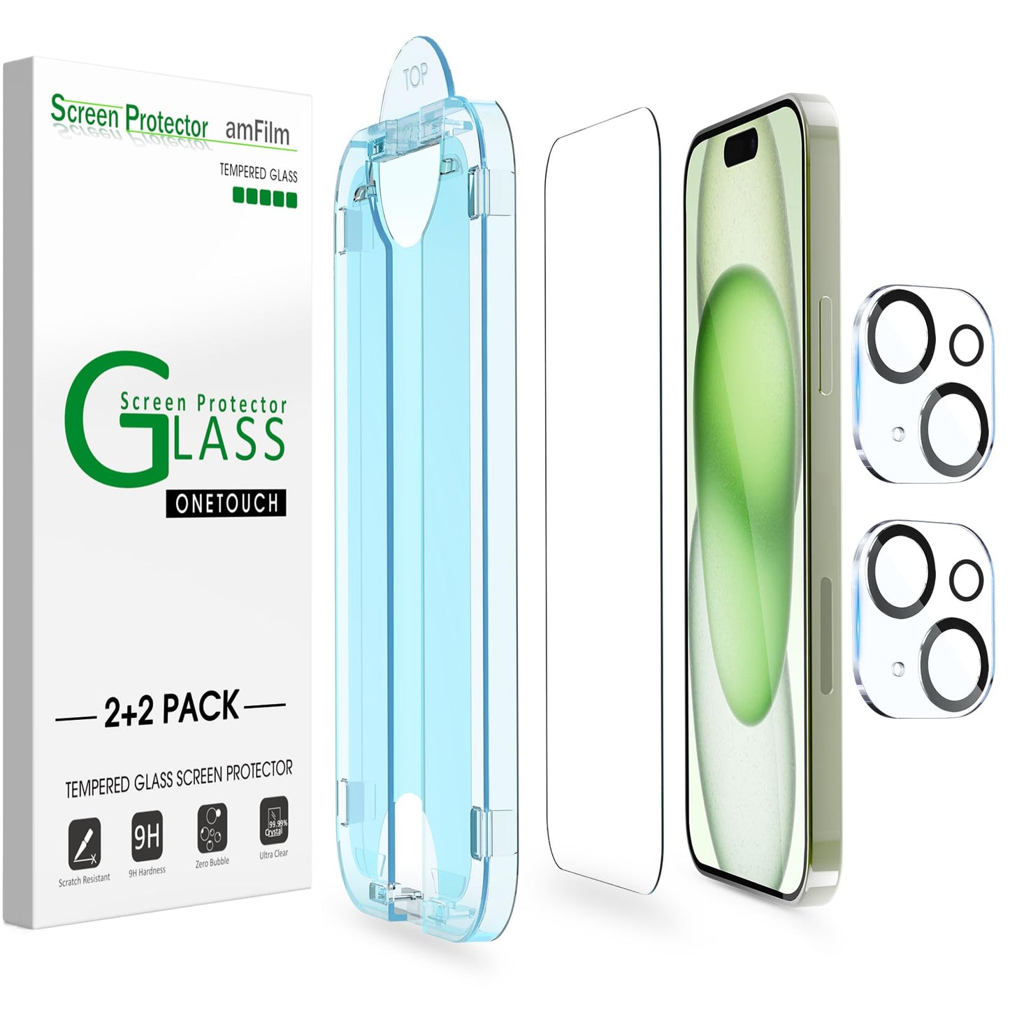 amFilm Easiest Installation OneTouch for iPhone 15 Pro Max Screen Protector [6.7 Inch] Tempered Glass + Camera Lens Protector, Auto-Alignment Tech, Bubble Free, Case Friendly, Anti-Scratch [2+2 Pack]