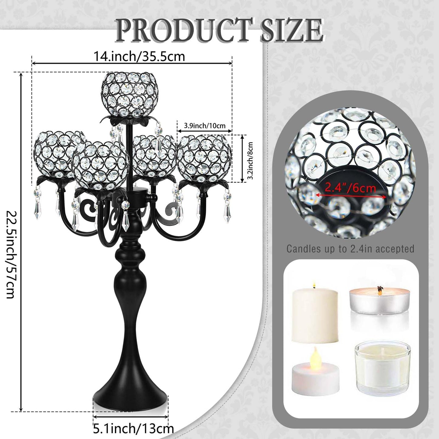 5 Arm Elegant Crystal Candle Holder,Candlestick for Wedding Table Centerpiece, 22 Inch Tall Candle Holder Table Candelabra Event Party Table Centerpiece,Home Decoration. (4, Black, Round Crystal)