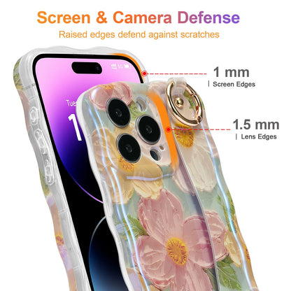 EYZUTAK Case with Hand Strap for iPhone 15 Pro, Colorful Oil Painting Flower Case with Wristband Kickstand Laser Curly Wave Edge Stylish Durable TPU Protective Cover for Women - Green