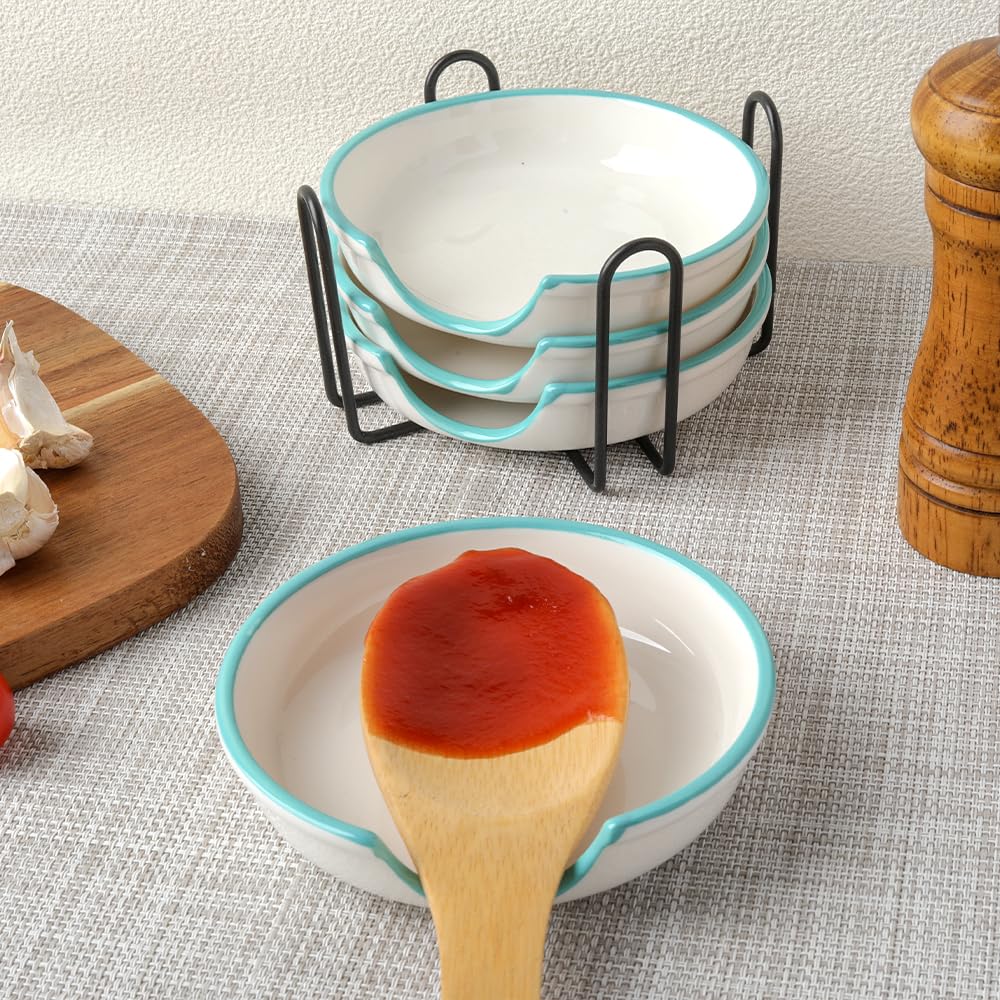 Spoon Rest for Stove Top, Metal Holder with 4-Piece Spoon Rest Kitchen Decor Spoon Holder for Ladle Tong Cooking Utensils Set Farmhouse GIft