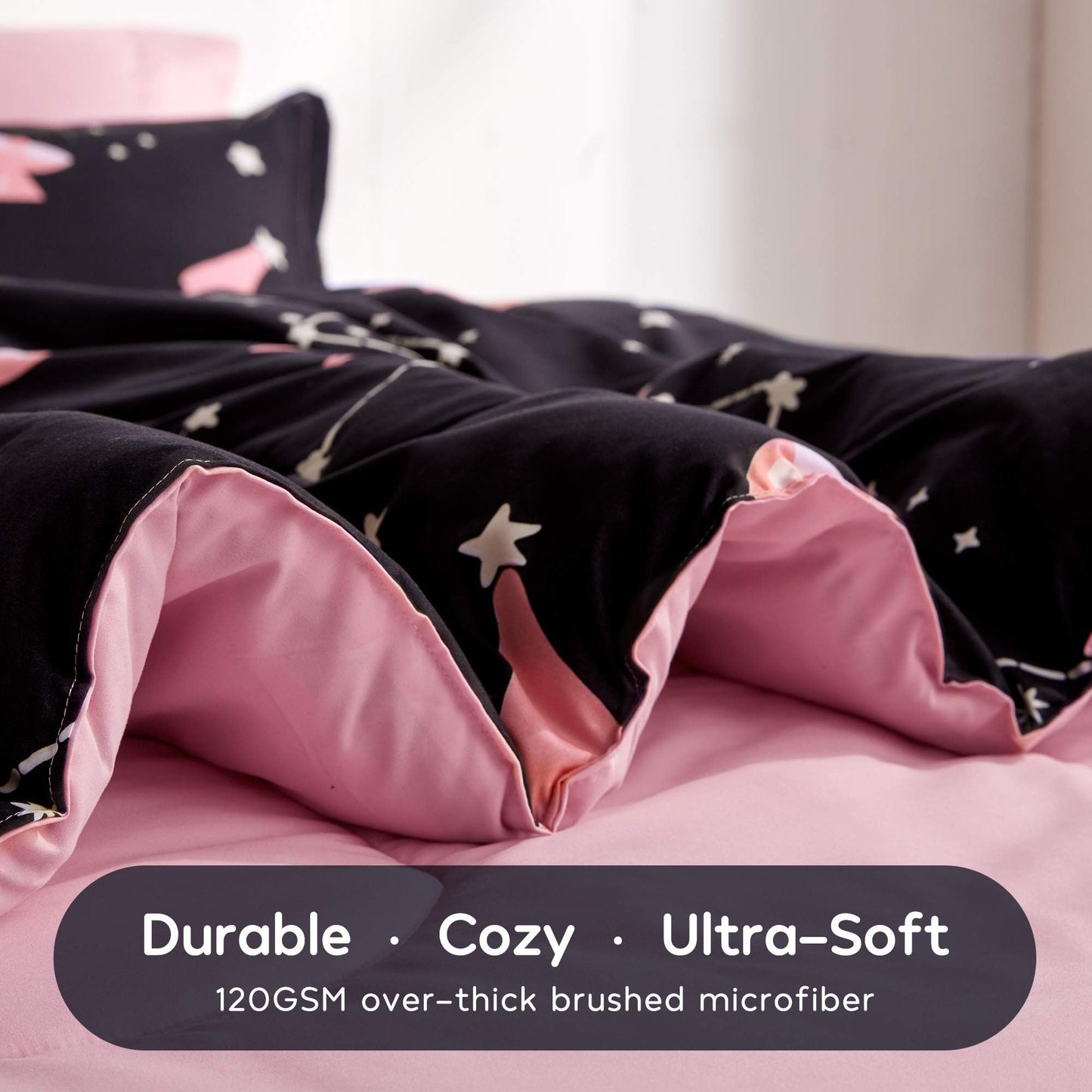 SLEEP ZONE Kids Twin Bedding Comforter Set - Super Cute & Soft Kids Bedding Bed in a Bag 5 Pieces Set with Comforter, Sheet, Pillowcase & Sham (Pink Galaxy)