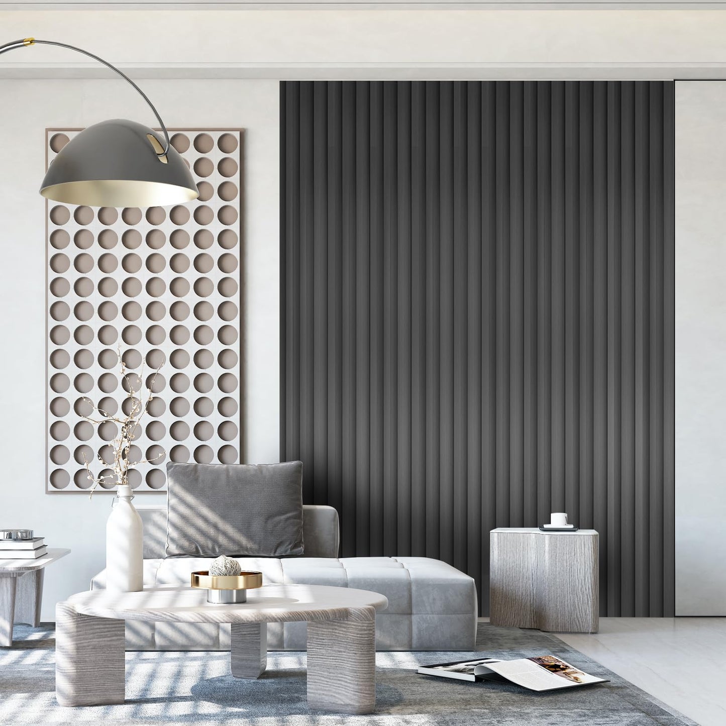 OUZUGIE WPC Acoustic Slat Wall Paneling, 8-Pack 114 x 6 Inches 3D Wall Panels for Interior Wall Decor,Living Room,TV Background,Study Room,Office Spaces,Bedroom,Low Grille (Metallic Dark Gray)