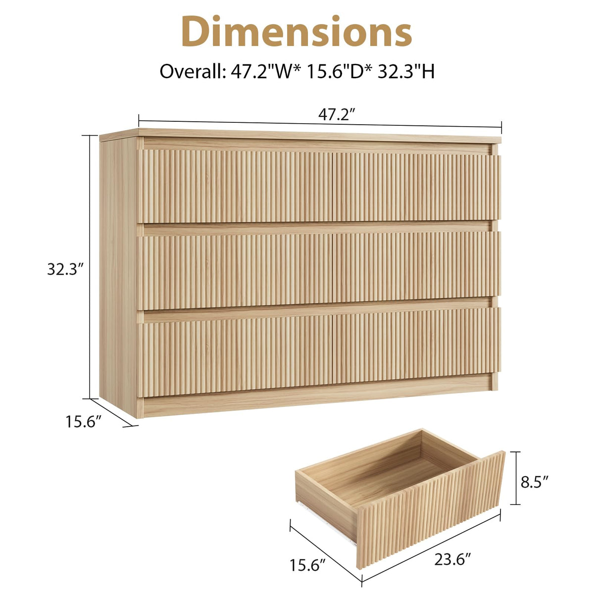Jocoevol 6 Drawer Fluted Dresser, Modern Chest of Drawers for Bedroom with Hidden Handles, Wood Storage Organizer Cabinet for Living Room & Entryway, Natural Oak (15.7" D x 47.3" W x 31.6" H)