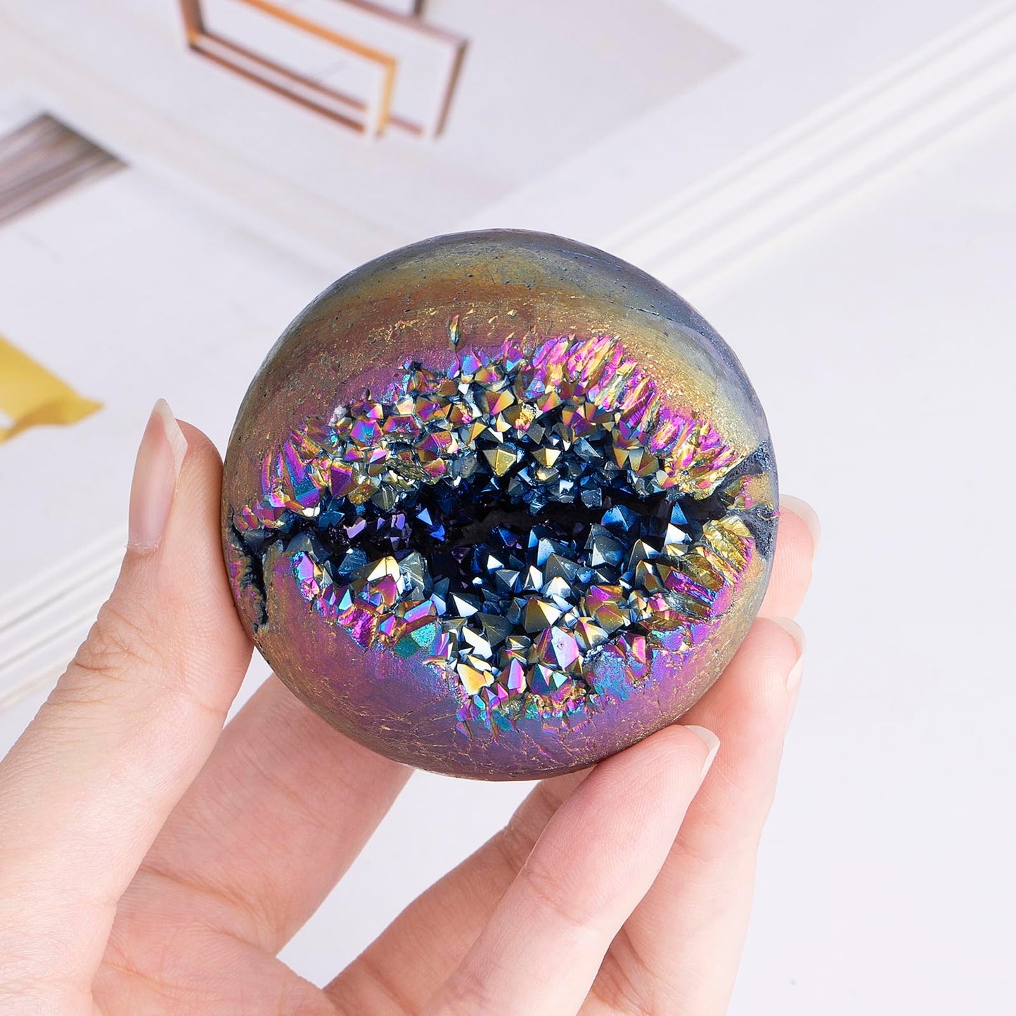 Nupuyai 51-60mm Rainbow Natural Titanium Coated Crystal Ball with Wood Stand, Opening Geode Cluster Stone Sphere Orb Specimen Energy Cave for Home Decoration Feng Shui Divination