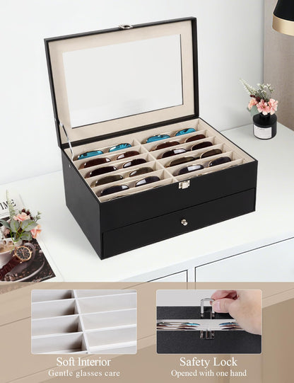 Huvon Sunglasses Storage Organizer Case with 24 Adjustable Slots, 2 Layer Multi Eyeglass Glasses Display Box with Lid Women