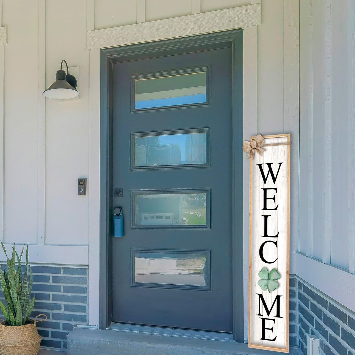 TQianJiang Interchangeable Welcome Sign for Front Porch Standing 45"X9" 12 Pcs Replaceable Signs Vertical Leaner Wood Framed Outdoor Decor (Wood White)