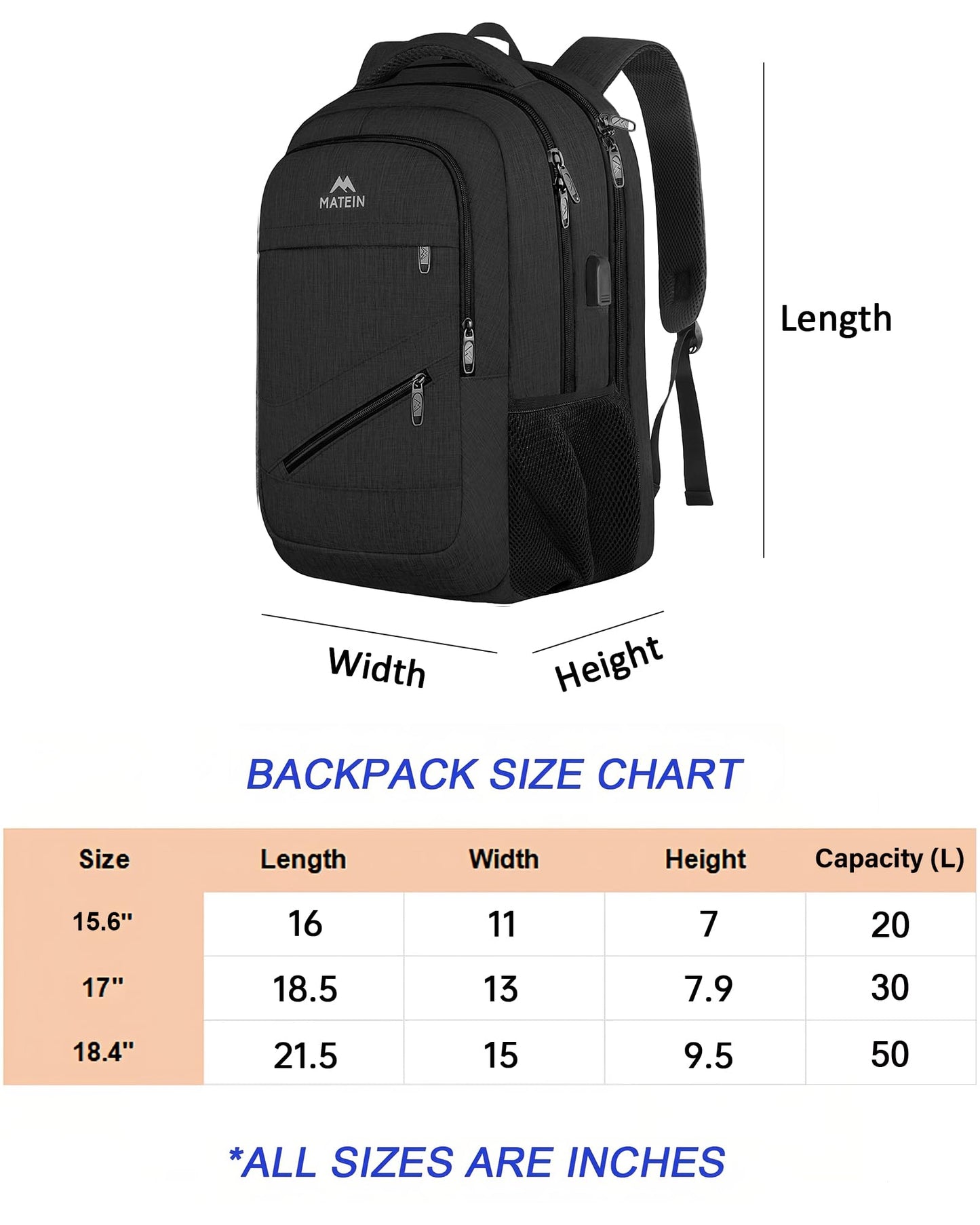 MATEIN Travel Laptop Backpack,17 Inch Business Large Backpack Bag With USB Charging Port, Water Resistant Work Rucksack Anti Theft Lightweight for College High School Men Women Casual Daypack, Black