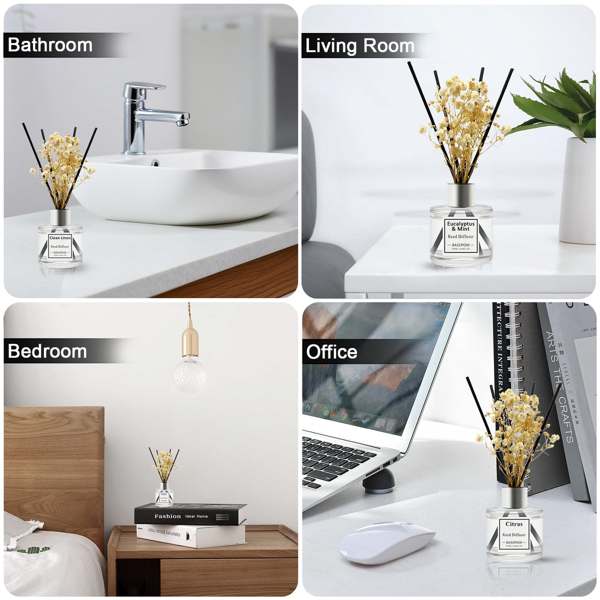 BASEPOW Reed Diffuser Set of 3 Pack,Clean Linen,Vanilla,Citrus Scented Oil Diffuser with 12 Sticks,Reed Diffuser for Home Living Room Office Bathroom Air Freshener,50ml x 3