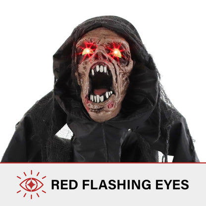 Haunted Hill Farm Scary Crouching Zombie, Halloween Animatronic with Touch Activated Lights and Sounds, Battery Operated Indoor or Covered Outdoor Halloween Decorations, Creepy Halloween Props