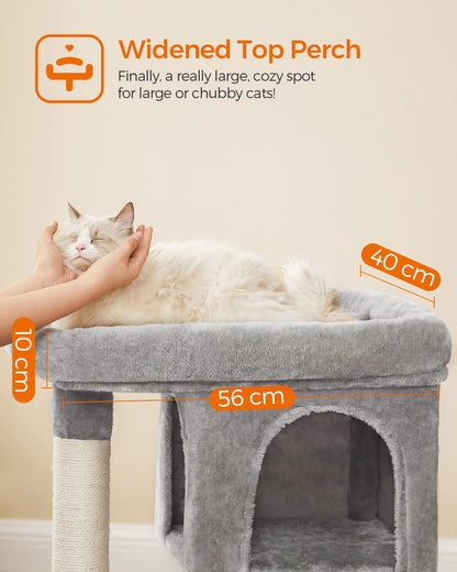 Feandrea Cat Tree, 84 cm Tower, L, Perch Condo for Large Cats up to 7 kg, 2 Caves, Scratching Post, Light Grey PCT61W