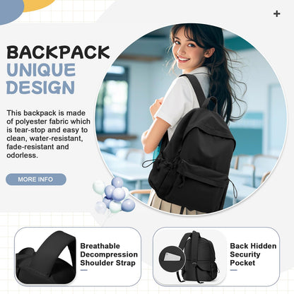 HYC00 School Backpack Womens, Causal Travel School Bags 14 Inch Laptop Backpack Rucksack Bag for Women Teenage Girls Boys Lightweight College Rucksack Water Resistant Bookbag Work Daypack, Black