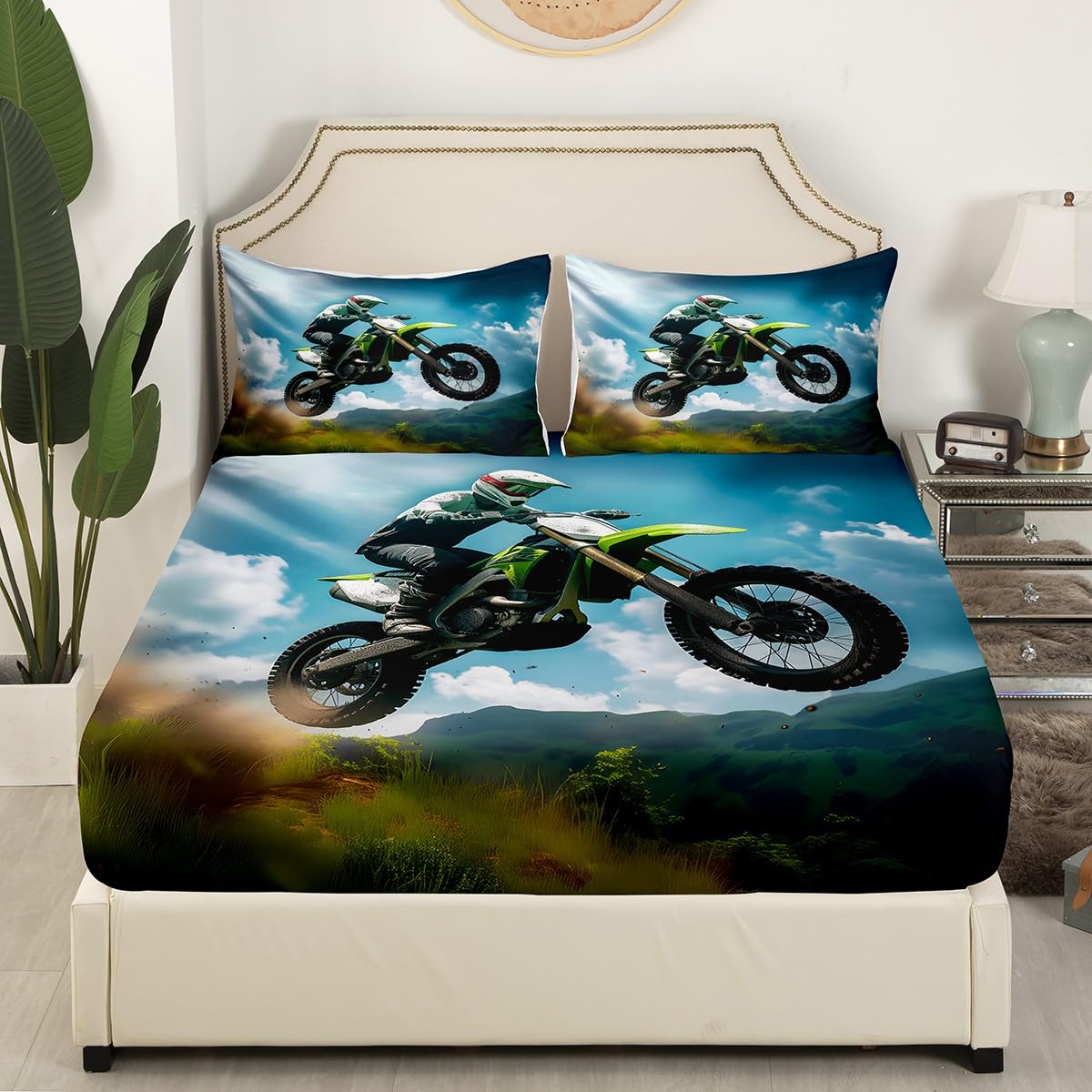 Feelyou Dirt Bike Bedding Set Extreme Sports Theme Bed Sheet Set Kids Boys Youth Motocross Racer Printed Duvet Cover Motorcycle Illustration Bed Cover Bedroom Decor 3Pcs Sheets Full Size