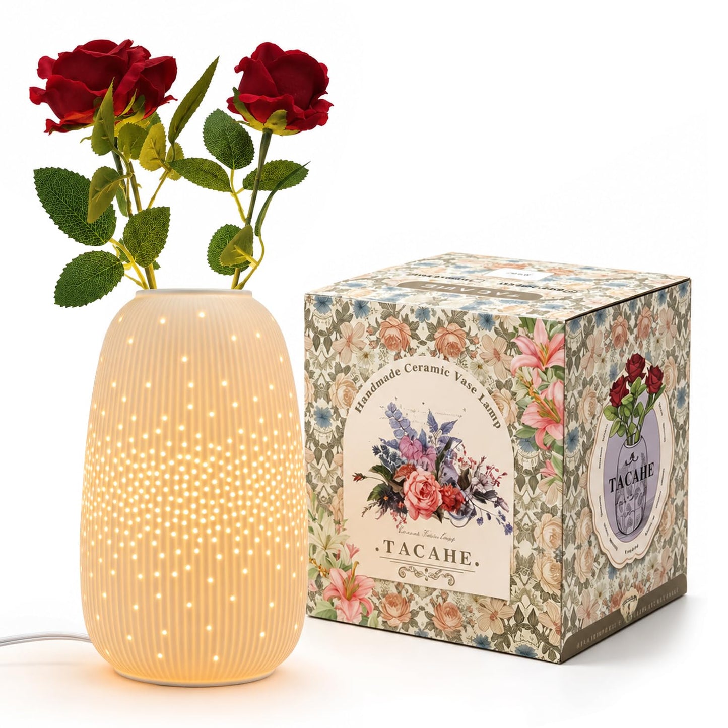 TACAHE Ceramic Vase Table Lamp, 2700K Bulb & 3 Artificial Flowers Included, E12 Socket, Inline Switch, Handmade Openwork Craft, Ambient Light for Living Room Bedroom - Starry 9.3"