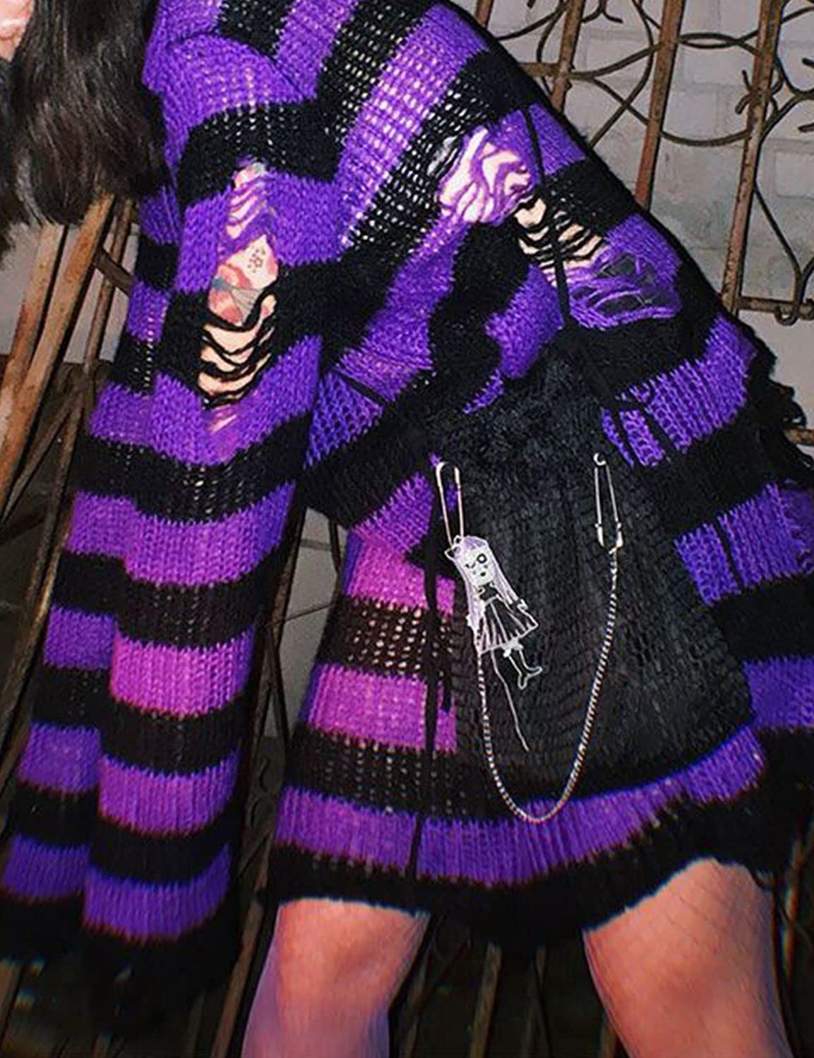 Vinsekep Women's Punk Gothic Sweater See Through Hole Ripped Striped Long Knit Pullover Dress Sweaters Shirt Black Purple Oversize OneSize