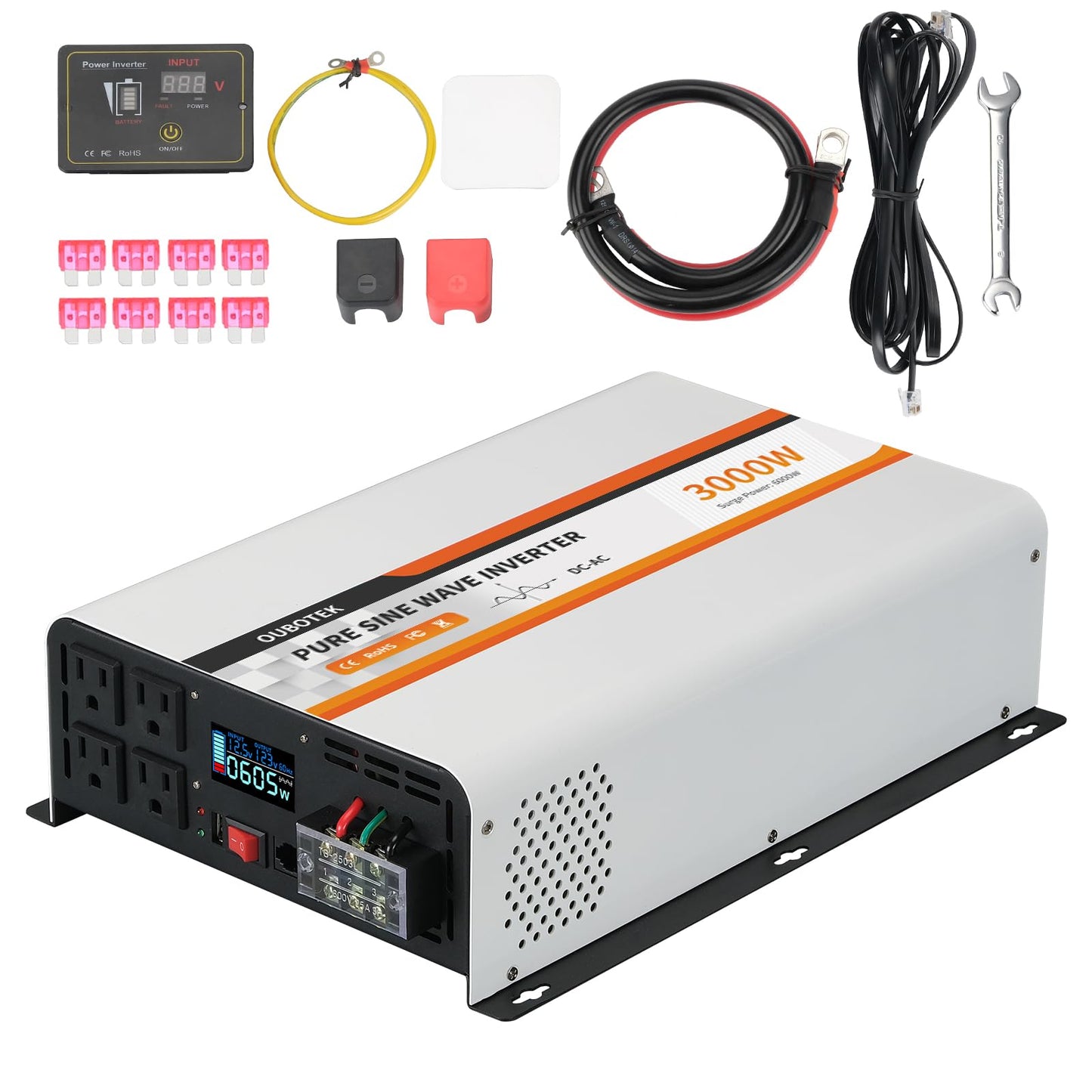 OUBOTEK 3000 Watt Pure Sine Wave Power Inverter, DC 12V to AC 120V with LCD Display, Remote Control, USB Port, 4 AC Outlets, and Terminal Block for RV Boat Camping Solar System and Home Use