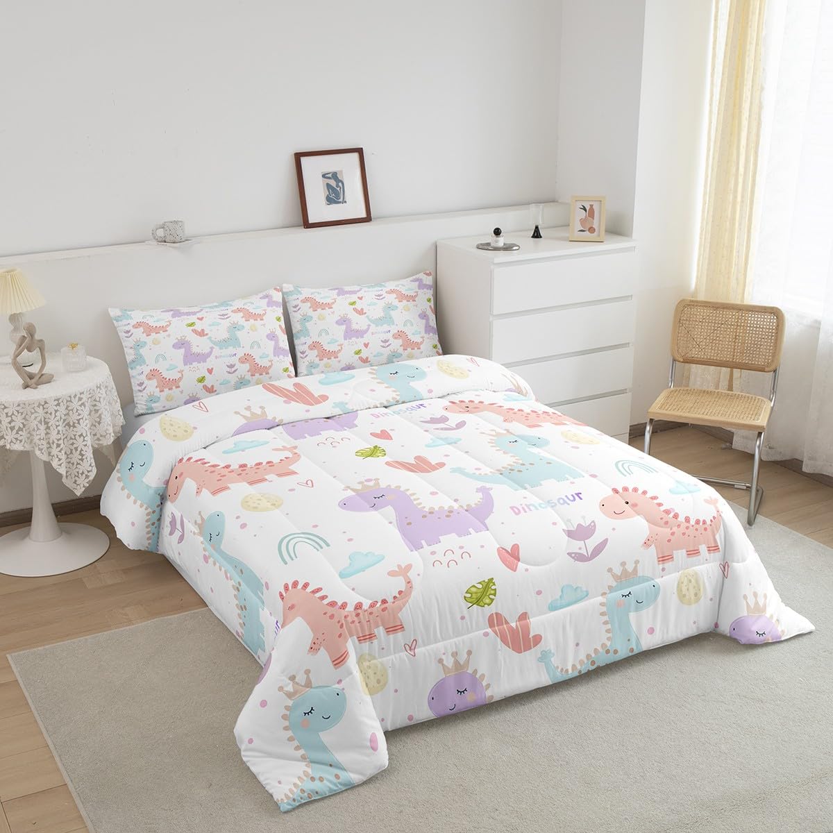 Castle Fairy Kawaii Dino King Comforter Toddler,Watercolor Cartoon Dino Rainbow Quilt Comforter with 1 Pillowcase,Cute Flowers Dreamy Clouds Bedding Set Comfortable,Soft and Breathable