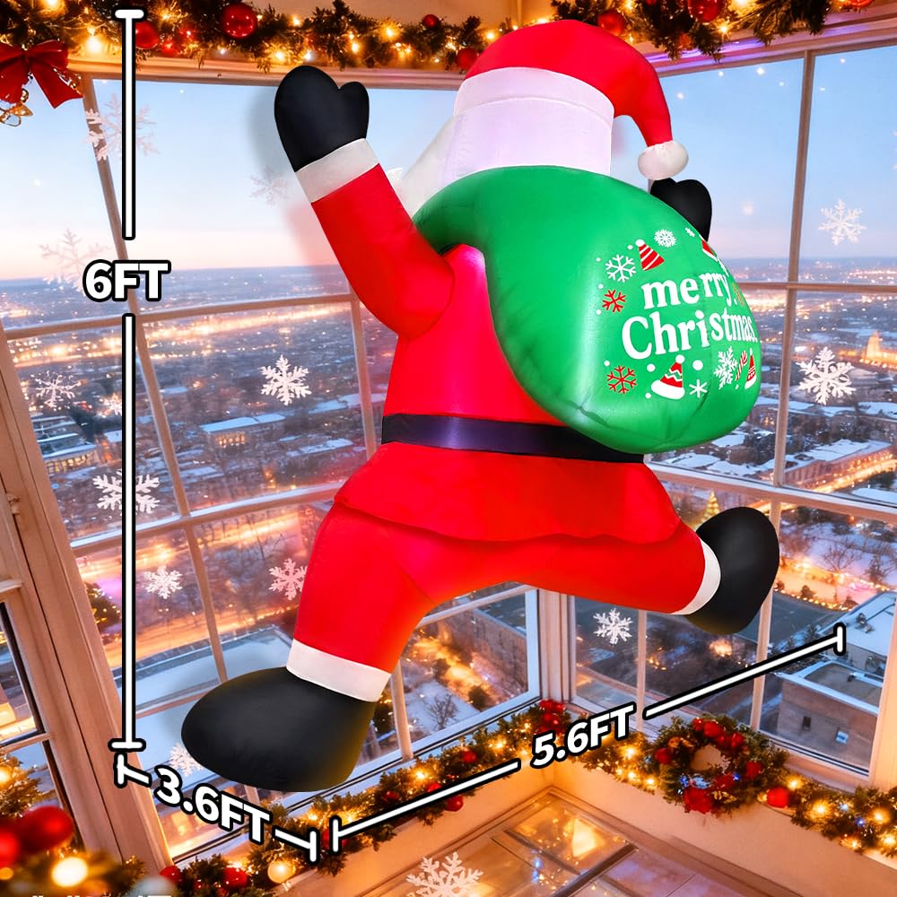 KOOY 6FT Christmas Inflatables Climbing Santa, Blow Ups Xmas Hanging Santa Outdoor Decorations with LED Light Up for Xmas Yard Outdoor Roof Christmas Decorations