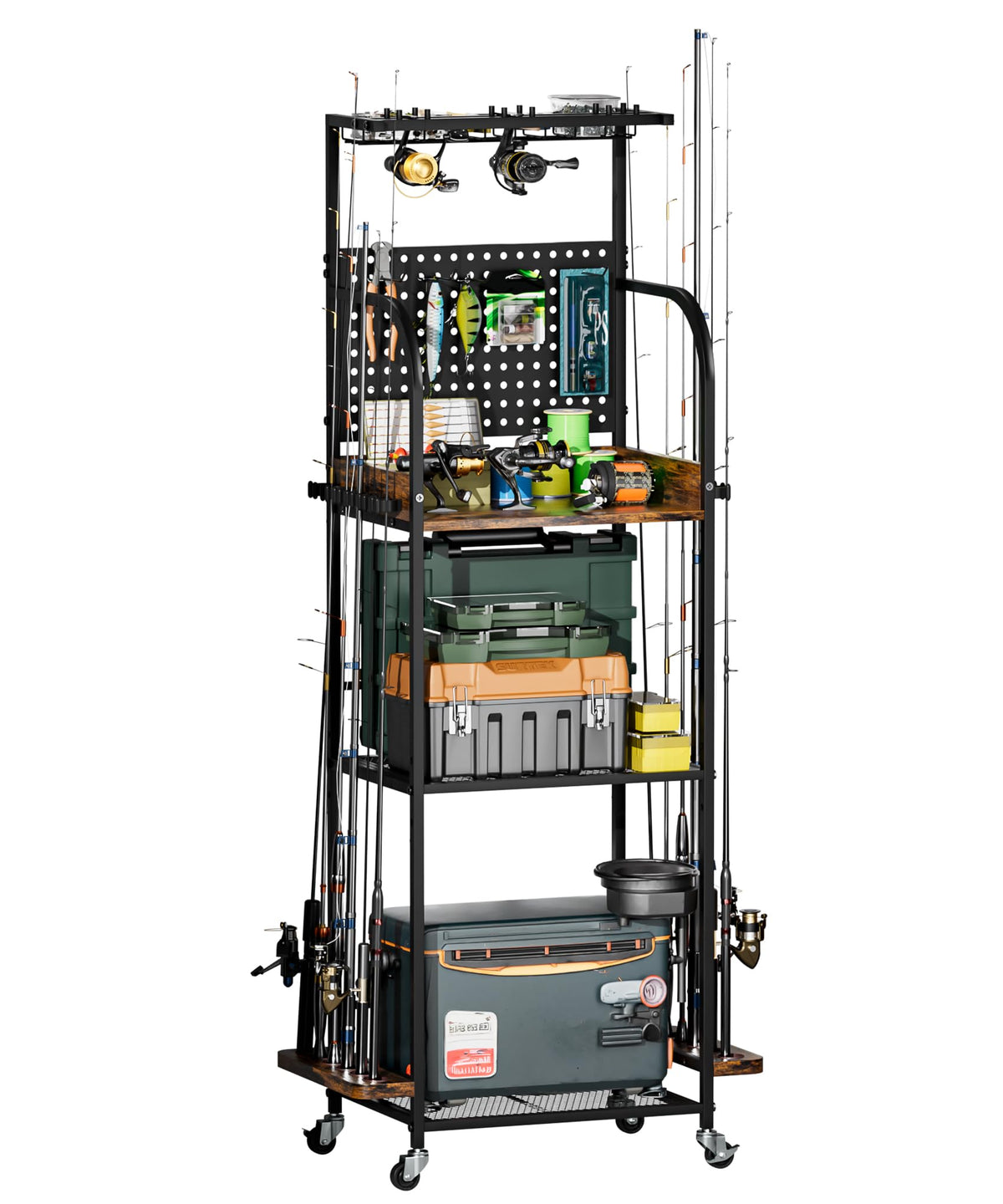 Homde Fishing Rod Holders for Garage: Large Capacity Fishing Equipment Holder up to 12 Rods - Mobile Tackle Storage Cart with Pegboard and Hooks for Tackle Box Organizers and Storage