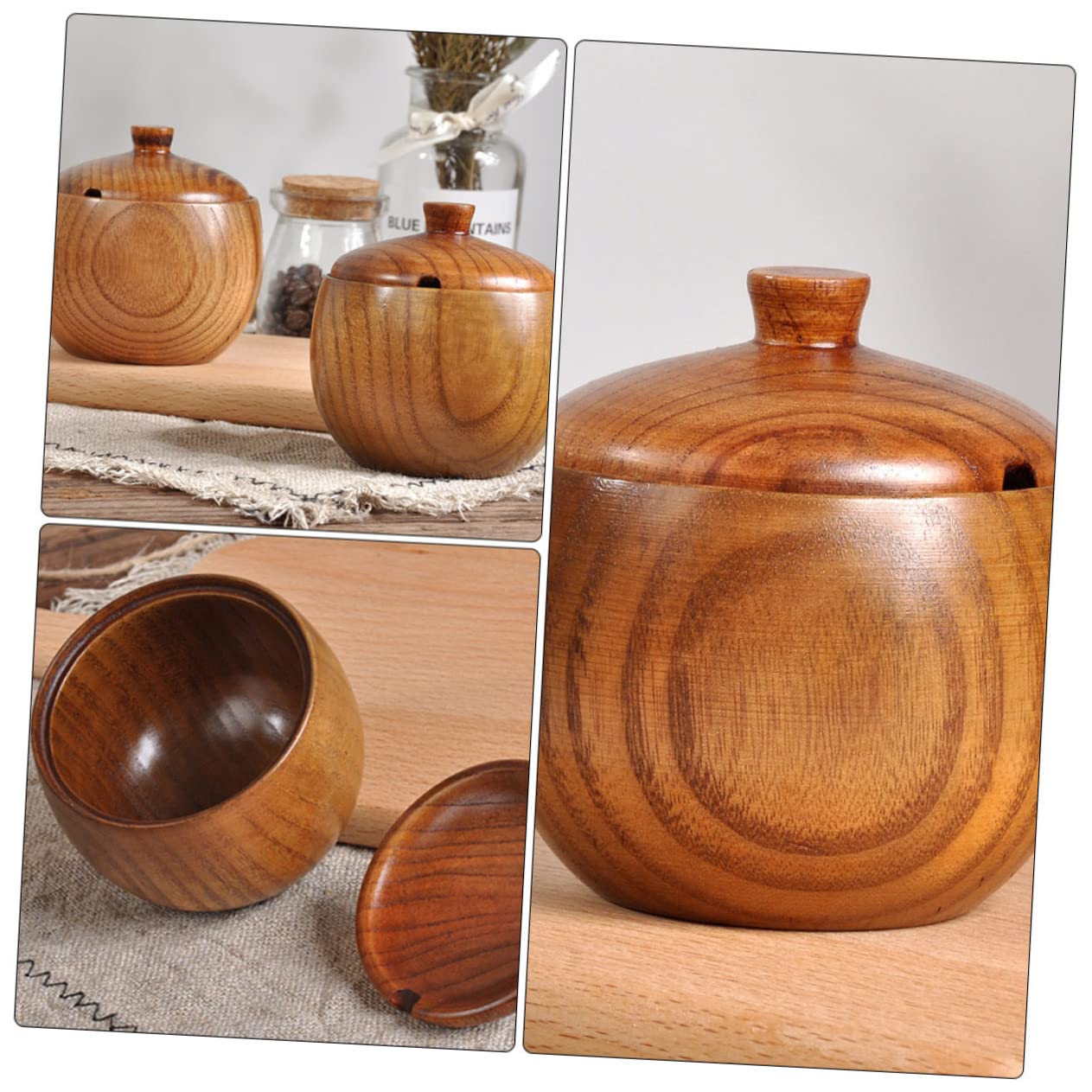 Garneck Elegant Wood Grain Condiment Pot Spice Organizer Lids Wooden Seasoning Jars for Salt Spices Seasonings Kitchen Box Lid Wood Condiment Container