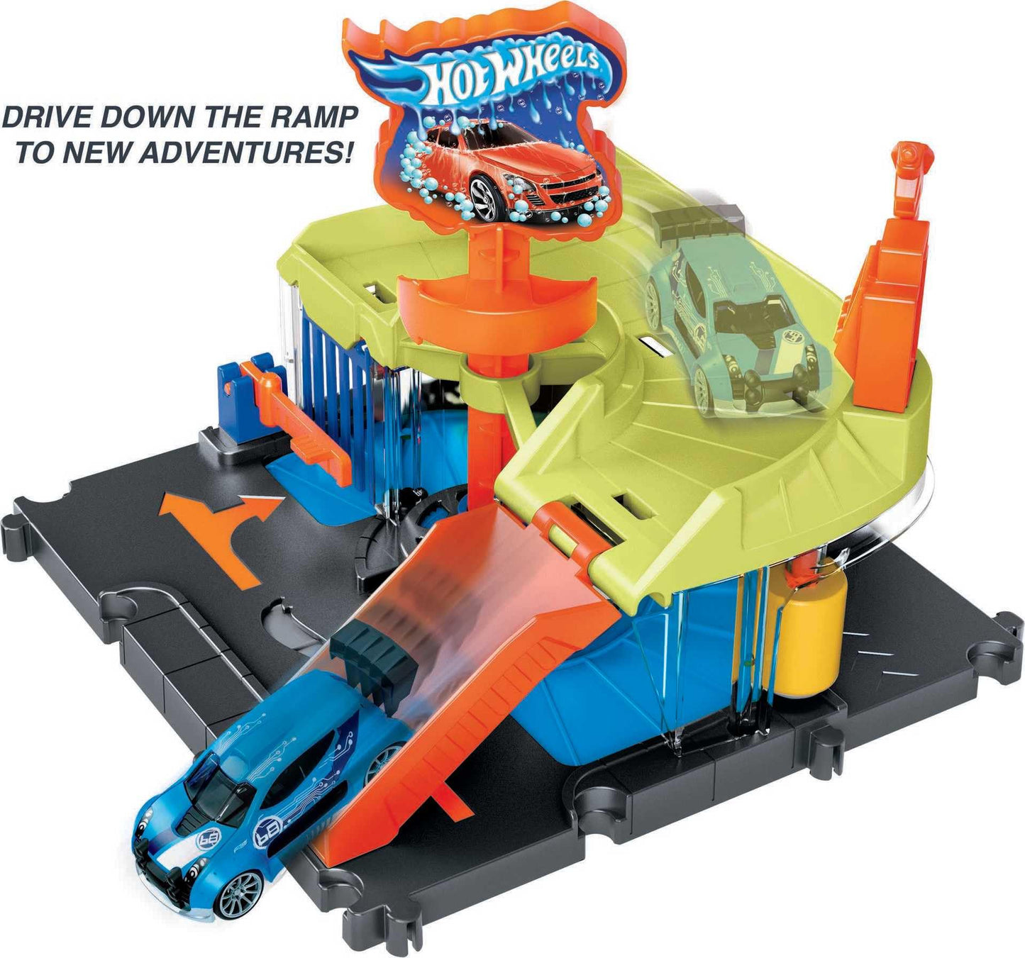 Hot Wheels City Toy Track Set, Downtown Express Car Wash Playset with 1:64 Scale Vehicle, Foam Roller & Drying Flaps, HDR27