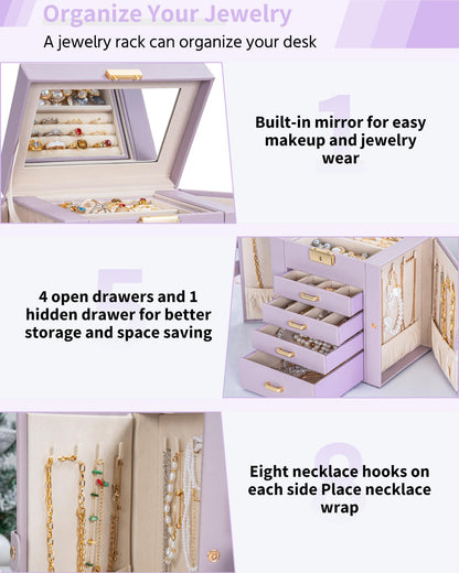 AKOZLIN 5-Tier Jewelry Box Leather Jewelry Storage Organizer with 4 Drawers Lockable for Women Girls Ring Necklace Earring Bracelet Watches Holder with Mirror Purple