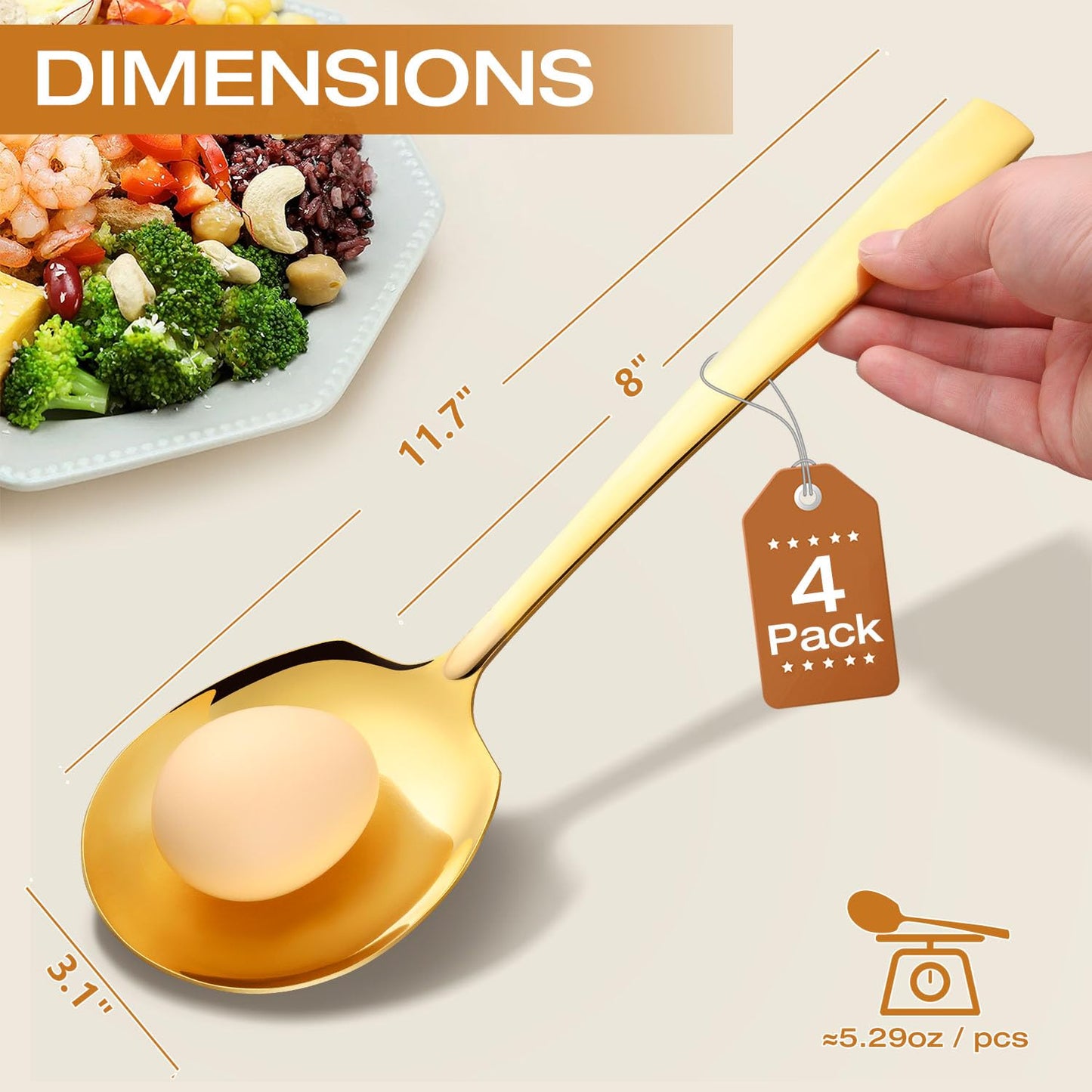 Extra Large Serving Spoons Set of 4-Piece, 11.7-Inch Gold Serving Slotted Spoon x 2 Serving Spoon x 2, Stainless Steel Serving Utensil for Buffet, Parties, Catering - Dishwasher Safe(4-Pack, Gold)