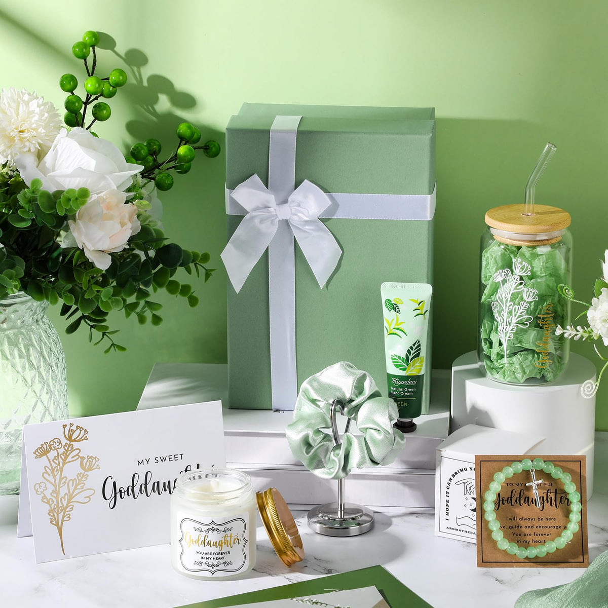 Teenyyou 9 Pcs Goddaughter Gifts from Godmother Glass Cup Bracelet Scented Candle Cream Hair Scrunchies Card Gift Box Set for Goddaughter Baptism(Sage Green)