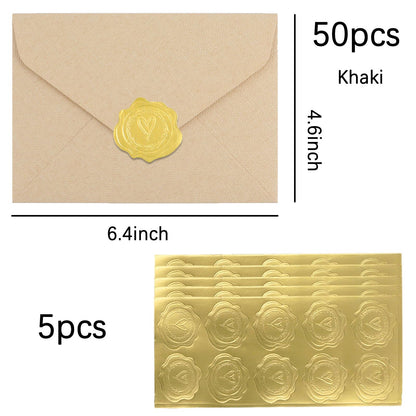 Discbind 50 Pack 4x6 Khaki Linen Envelopes with Gold Wax Seals - Handmade Look A6 Vintage Envelopes & Self-Adhesive Seal Stickers for Greeting Cards, love letter, Wedding, Party Invitation