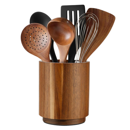 Linda's Essentials Acacia Wooden Utensil Holder for Kitchen Counter, 7.2" Wood Utensil Holder Counter, Kitchen Utensils Holder with 360° Rotation, Non-Slip Large Utensils Holders, Spatula Holders