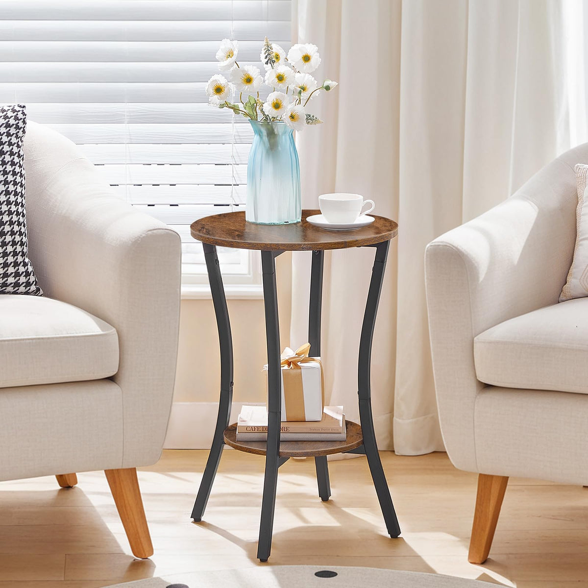 HOOBRO Round Side Table 15.7", 2-Tier Sofa End Table, Small Storage Nightstand, for Small Spaces, Living Room Bedroom Accent Table, Rustic Brown and Black BF180BZ01
