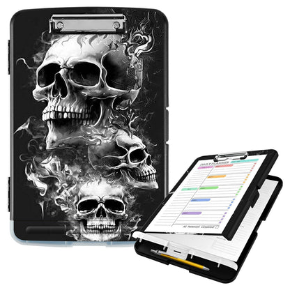 BEOTIWAD Clipboard with Storage High Capacity Plastic Nursing Clipboards with Pen Holder File Folder Storage Box Clipboard with Heavy Duty Clips for Teacher,Doctor,Offices-Skull
