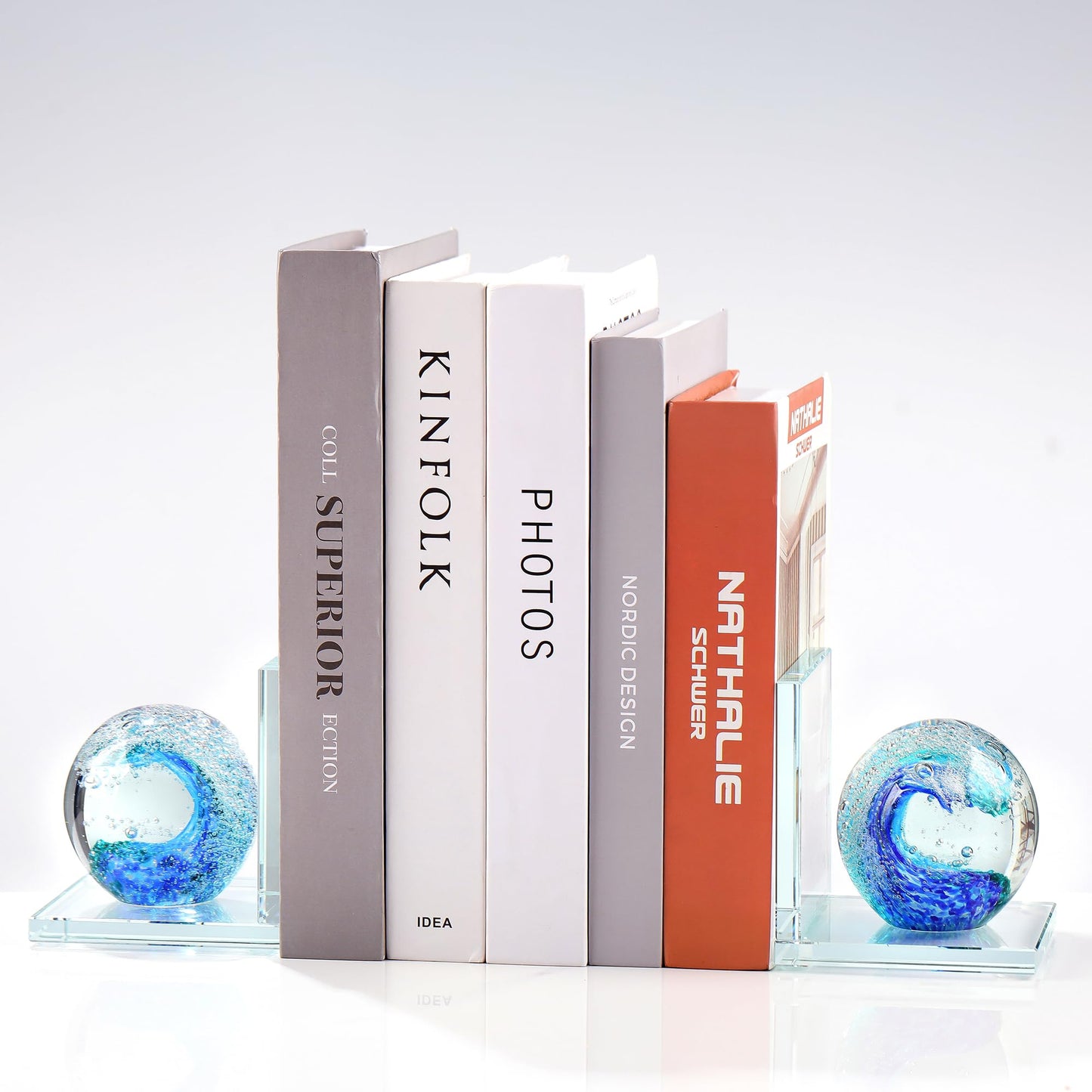 Book Ends for Shelves, Glass Bookends with Deep Ocean Blue Crystal Hand Blown Sea Wave Ball, Non Skid Sturdy Glass Decorative Bookends for Ocean Lovers, Heavy Books, Office, Set of 2