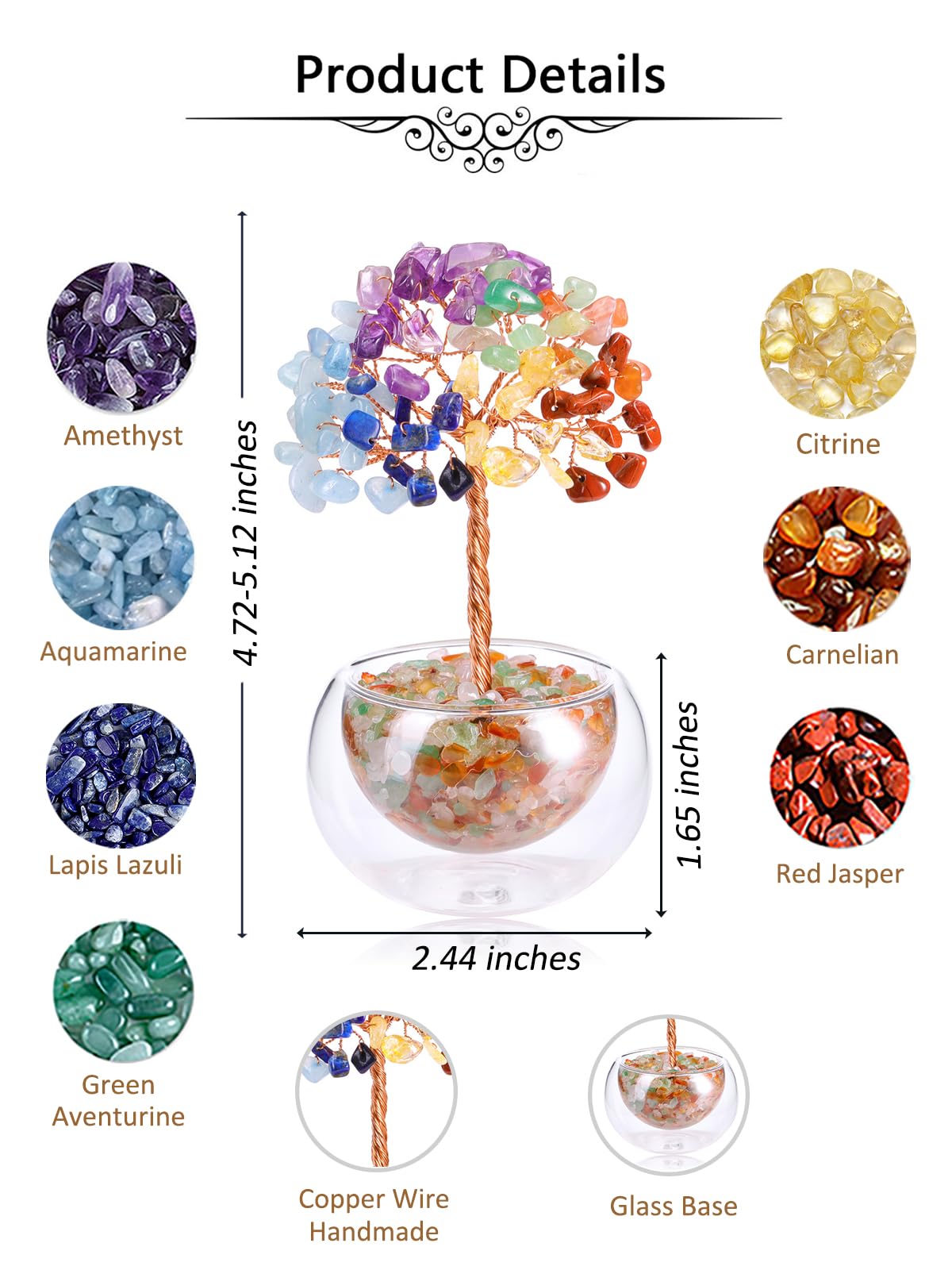 Jovivi 7 Chakra Crystal Trees Hollow Glass Base,4.72"-5.12" Natural Gemstone Healing Crystals Tree of Life Bonsai Money Tree for Home Office Table Decor Wealth and Luck