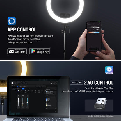 NEEWER 18 Inch Edge Lit Ring Light with Tripod Stand Phone Holder Compatible with iPhone for Video Recording Selfie Makeup Studio Streaming, 45W 2900-7000K APP 2.4G Control Ringlight Lighting, RL45B