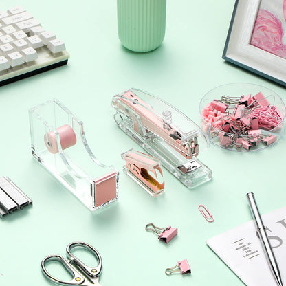 Office Supplies Set Desk Accessory Kit, Acrylic Stapler Set Staple Remover, Tape Dispenser, Binder Clips, Paper Clips, Ballpoint Pen and Scissor with 1000 Pieces 26/6 Staples (Pink)