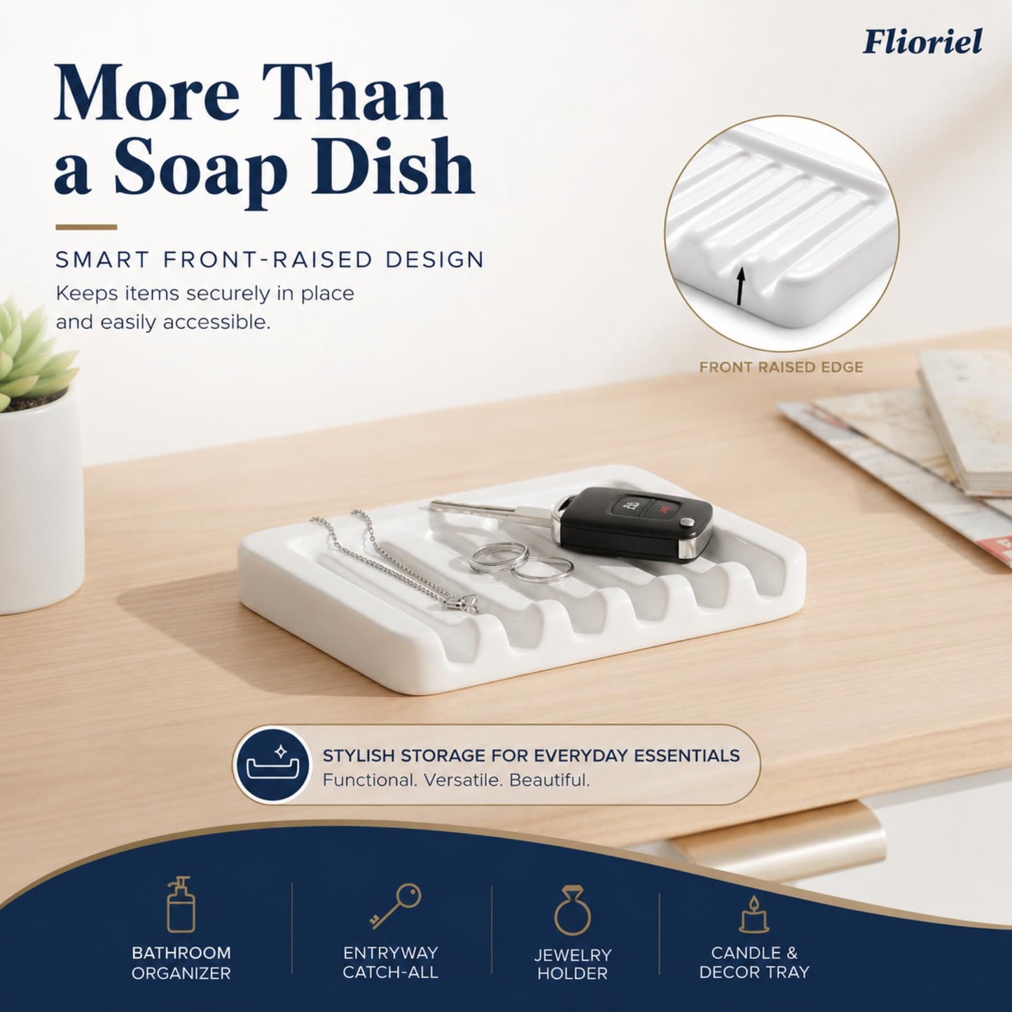 Flioriel White Ceramic Soap Dish, Self Draining Soap Holder for Shower & Bathroom Sink, Porcelain Soap Tray with Anti-Slip Silicone Pads, Easy to Clean & Keep Soap Dry, Modern Minimalist (White)